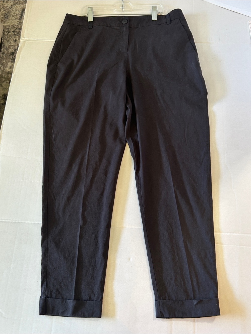EILEEN FISHER BLACK ORGANIC LINEN FLAT-FRONT ANKLE CUFFED TROUSERS SZ PM